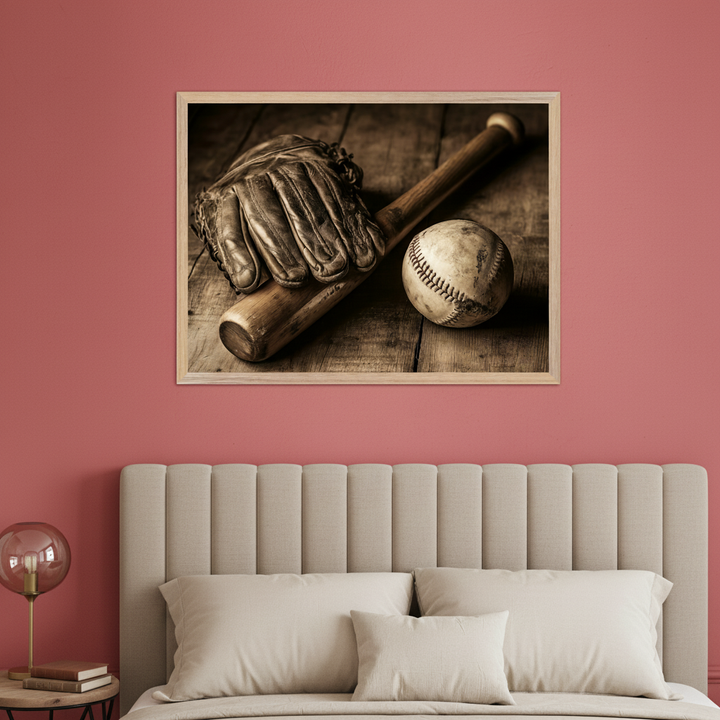 Modern bedroom with a terracotta pink wall and beige upholstered bed. A framed sepia print of a vintage baseball glove, bat, and ball on wood hangs centered above the bed.
