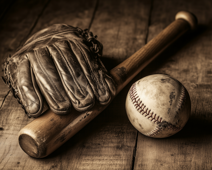 Close-up of an old leather baseball glove, a worn baseball bat, and a scuffed ball resting on a rustic wooden table. The nostalgic setup reflects the timeless essence of baseball history.