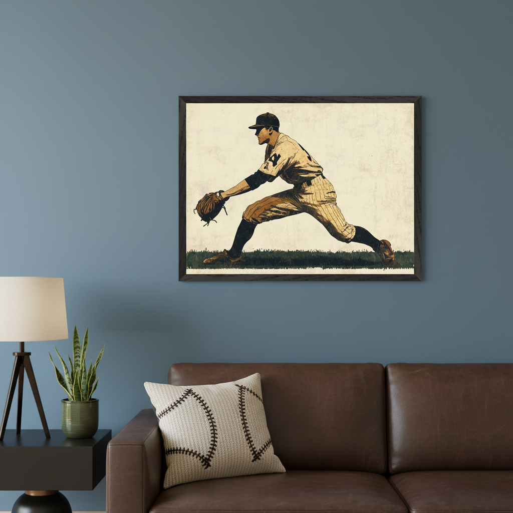 Modern living room with a brown leather sofa. A framed vintage illustration of a baseball player in action wearing a striped uniform hangs centered above the sofa. A side table with a lamp and plant is to the left.