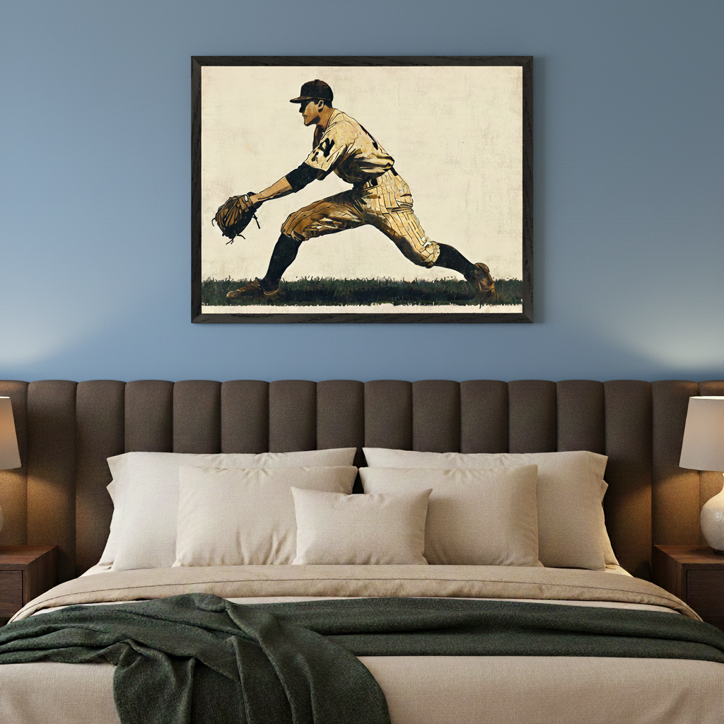 Modern bedroom with a brown upholstered bed. A large framed vintage-style painting of a baseball player in a catching stance on a grassy field hangs centered above the bed. The player wears a uniform with number 2 on the sleeve.