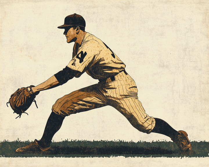 Illustration of a vintage baseball player in a fielding stance with a glove outstretched, dressed in an old-fashioned uniform. The artwork evokes classic Americana baseball culture.