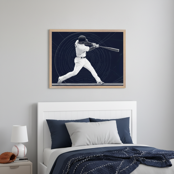 Kid's bedroom with a white bed and headboard. A large framed print of a minimalist baseball player mid-swing against a dark background hangs centered above the bed. A nightstand with a baseball, glove, and lamp is on the left.