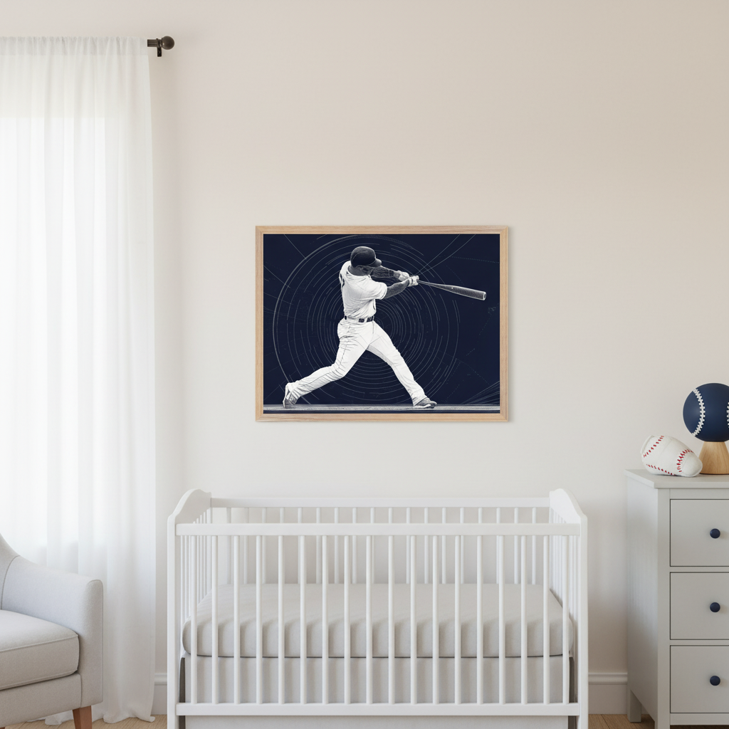 Modern nursery with a white crib, gray armchair, and dresser. A light wood framed print of a black and white baseball player mid-swing on a dark blue background with concentric circles hangs above the crib.