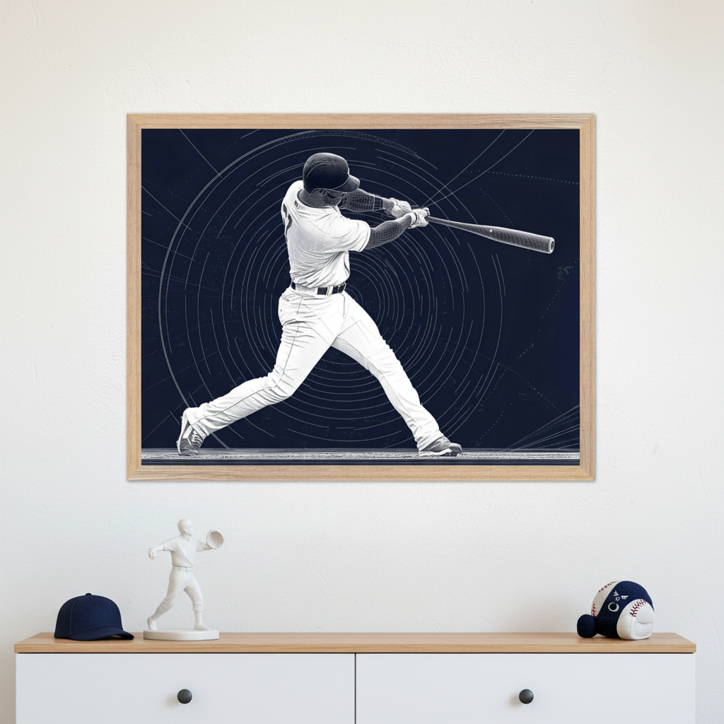 Modern room featuring a light wood and white dresser. Above it, a framed dark blue print shows a white linear illustration of a baseball player swinging a bat. A navy baseball cap, a baseball player figurine, and a plush baseball are on the dresser.