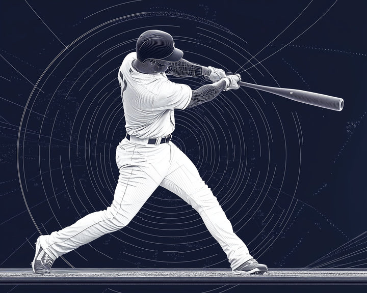 A baseball player in a dynamic batting stance is captured mid-swing, wearing a white uniform and helmet. The background features concentric circular patterns, adding a sense of motion and focus to the scene.