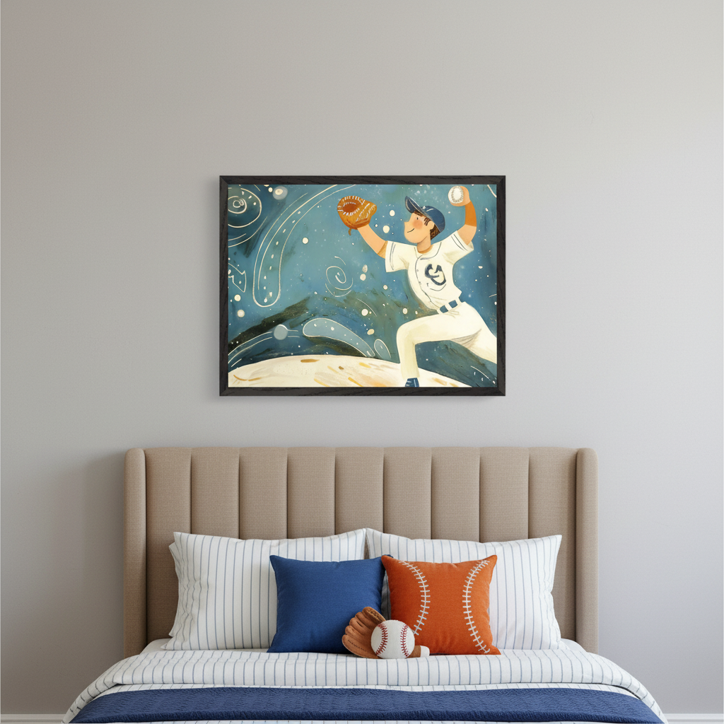 Kid's bedroom with a beige upholstered bed. Centered above the bed hangs a framed whimsical illustration of a baseball pitcher in a white uniform throwing a ball, against a dark blue swirly background. The bed has baseball-themed pillows, a glove, and a ball.