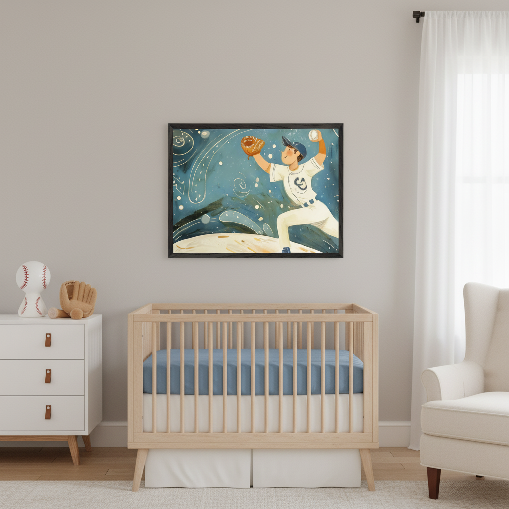 Modern nursery with a light wood crib, white dresser, and white armchair. Centered above the crib, a black-framed print depicts a baseball pitcher in a white uniform, with a blue, abstract background featuring stars and swirling lines.