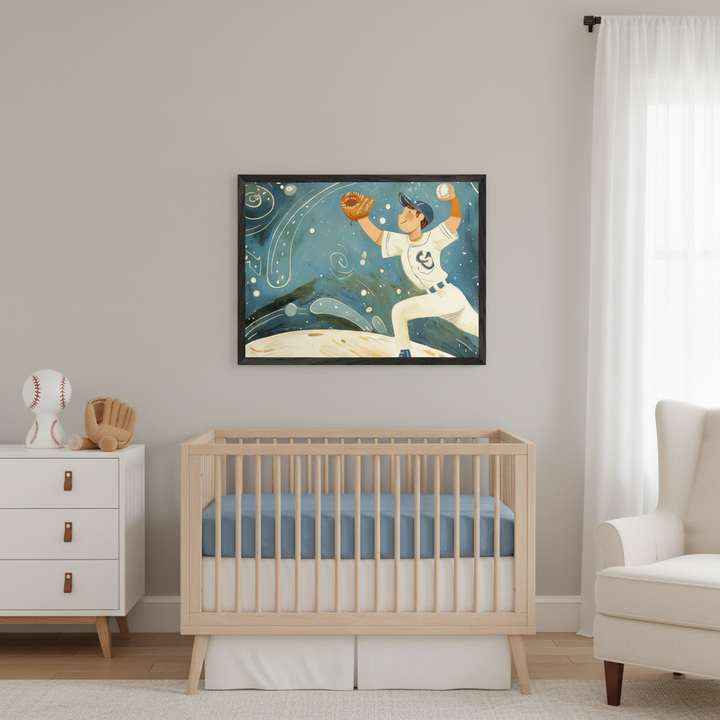Modern nursery with a light wood crib, white dresser, and white armchair. Centered above the crib, a black-framed print depicts a baseball pitcher in a white uniform, with a blue, abstract background featuring stars and swirling lines.