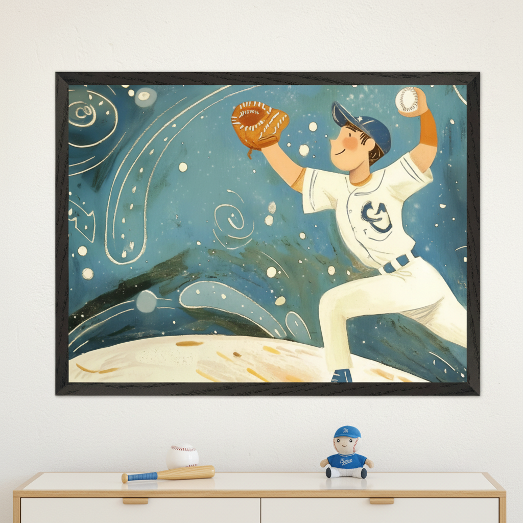 Kid's room with a light wood and white dresser. A large black-framed stylized illustration of a baseball player throwing a ball against a swirly blue background hangs above it. On the dresser are a baseball, bat, and a small player plush.
