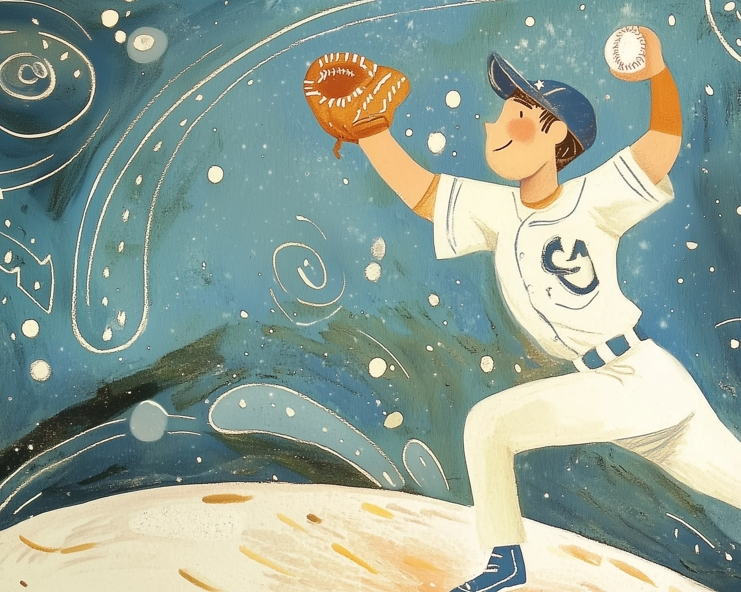 A stylized illustration of a baseball player in a white uniform and blue cap, poised to catch a ball with a glove. The background features swirling, abstract patterns in shades of blue and white, giving a sense of dynamic motion. The player appears joyful and focused, adding a whimsical touch to the scene.
