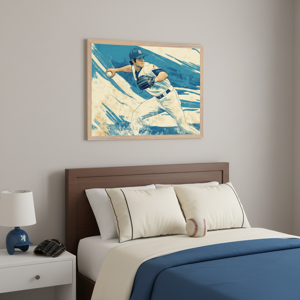 Bedroom with a wooden bed and a white nightstand. A large framed artwork depicting a baseball pitcher in action, in a dynamic blue and cream watercolor style, hangs above the bed.
