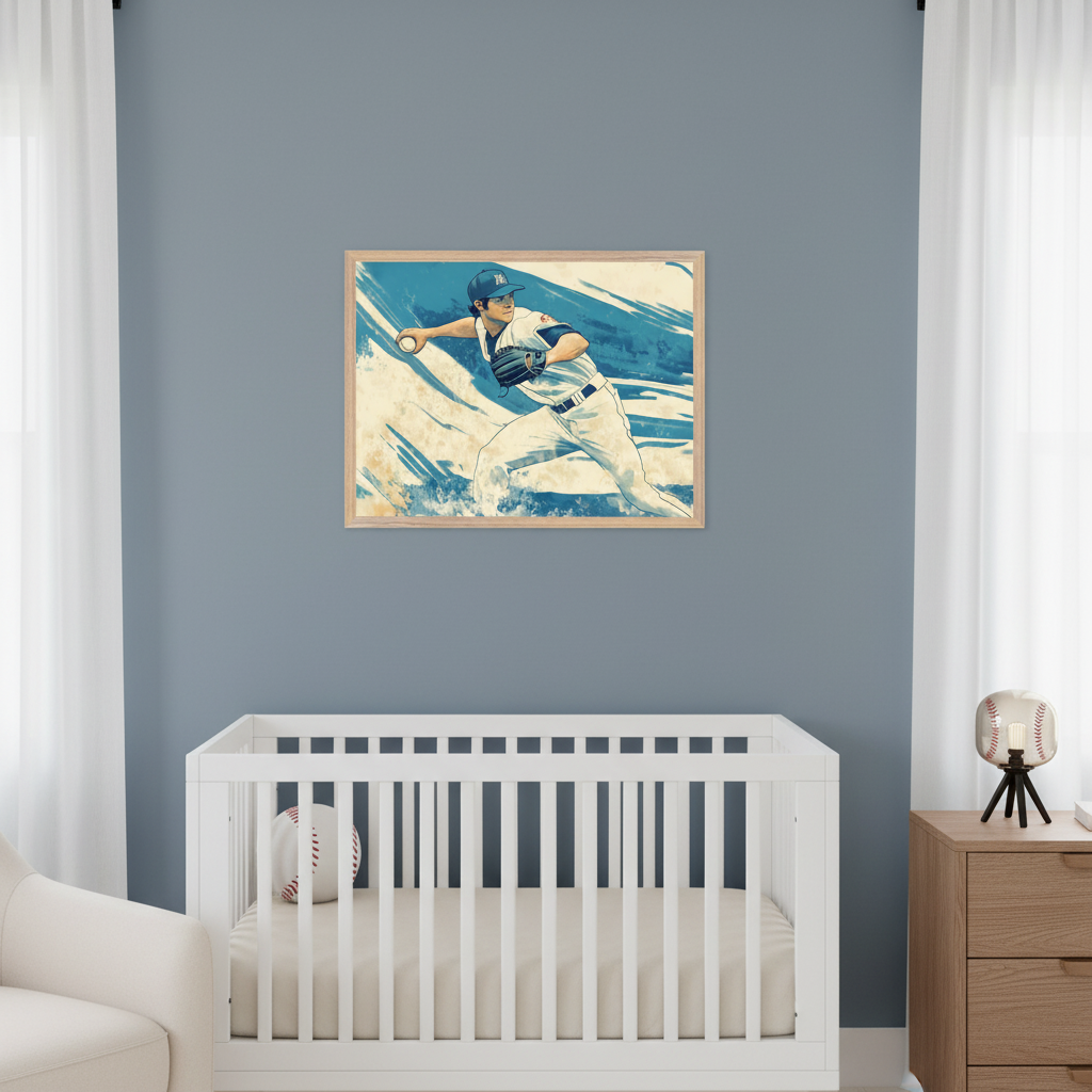 Modern nursery with a white crib, cream armchair, and wooden dresser against a blue-gray wall. A framed artwork of a baseball pitcher in a painterly style hangs centered above the crib.