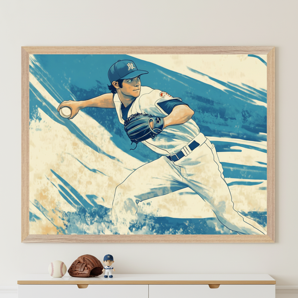 Kid's room with a white dresser. A large framed illustration of a baseball pitcher in blue and cream hangs centered above it. On the dresser are a baseball, a miniature glove, and a baseball player figurine.