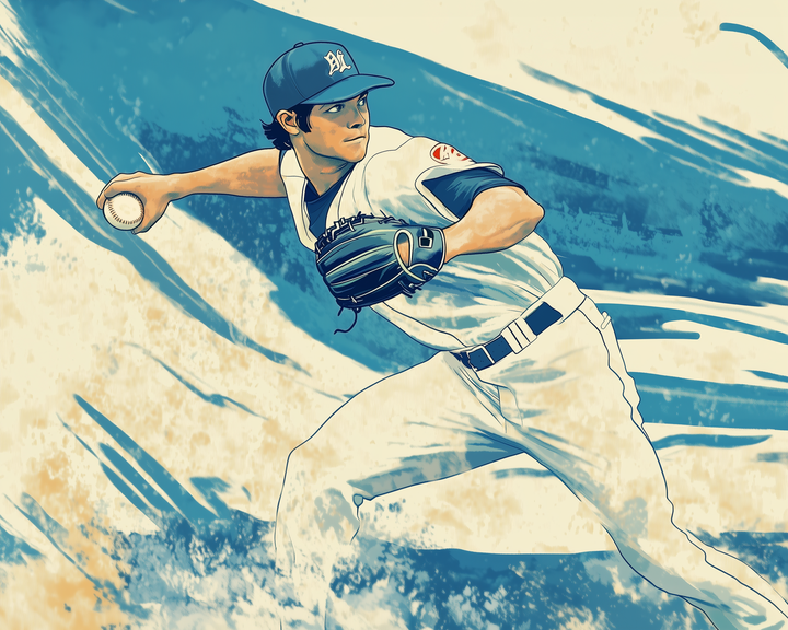 A dynamic illustration of a baseball player in mid-pitch, wearing a white uniform with blue accents and a matching cap. The player grips a baseball tightly, ready to throw, with an intense expression. The background features bold blue and beige brushstrokes, adding a sense of motion and energy.