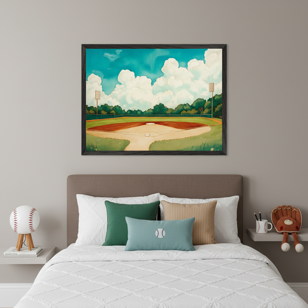 Kid's bedroom featuring a bed with two side tables. Above the bed hangs a large framed painting of a baseball field under a blue sky with white clouds, rendered in a painterly style.
