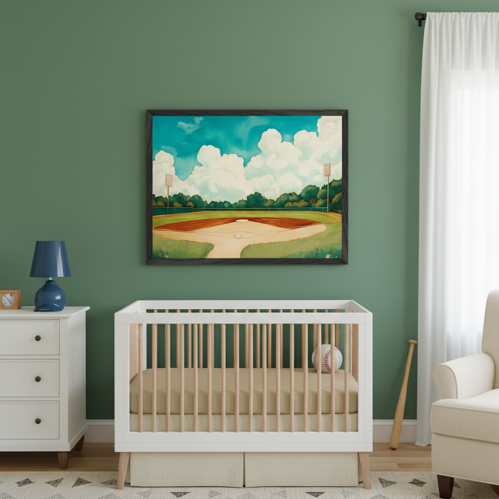 Modern nursery with a white crib and dresser. A large framed painting of a baseball field under a cloudy sky hangs centered on the green wall above the crib.
