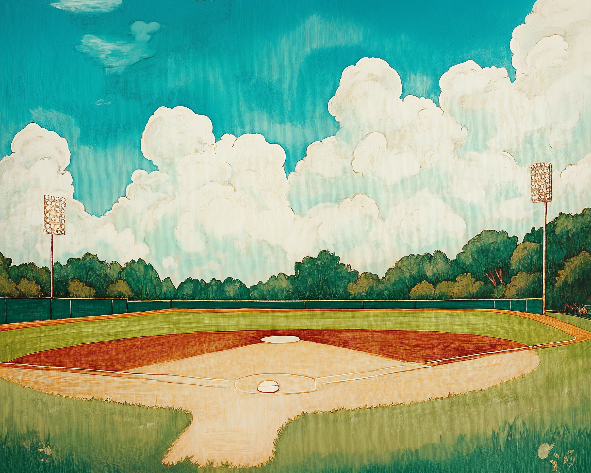 A framed painting depicts an empty baseball field under a vibrant blue sky with fluffy white clouds. The field features a well-maintained infield and lush green outfield, surrounded by trees and two tall light poles.