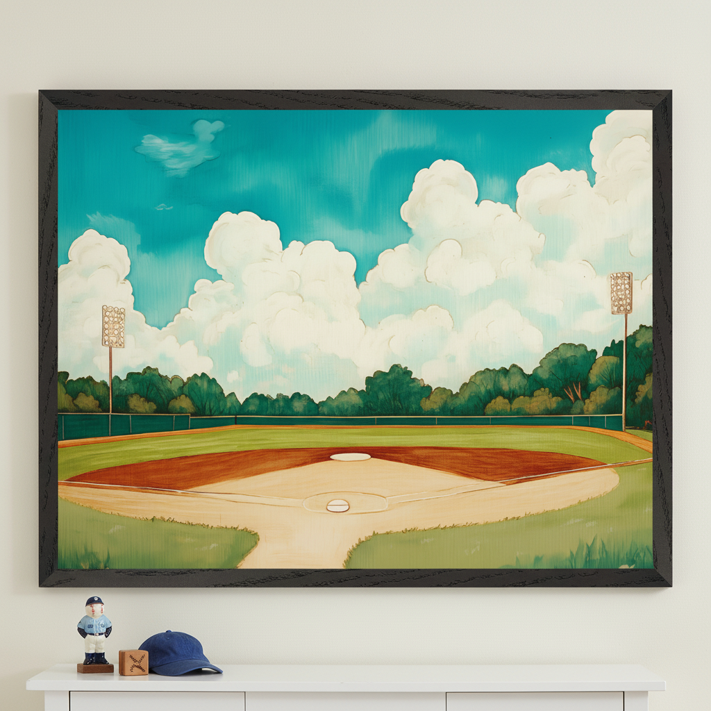 Kid's bedroom with a white dresser. A large framed painting of a baseball field with an infield, outfield, stadium lights, trees, and a bright blue sky with white clouds hangs above the dresser. A baseball figurine, block, and cap are on the dresser.