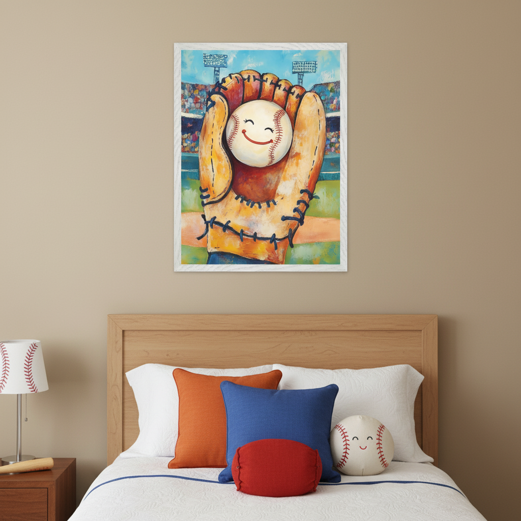 Kid's bedroom with a wooden bed, white quilt, colorful pillows, and a smiling baseball pillow. A framed painting of a baseball glove catching a smiling baseball, with a stadium background, hangs above the bed. A baseball-themed lamp is on the bedside table.
