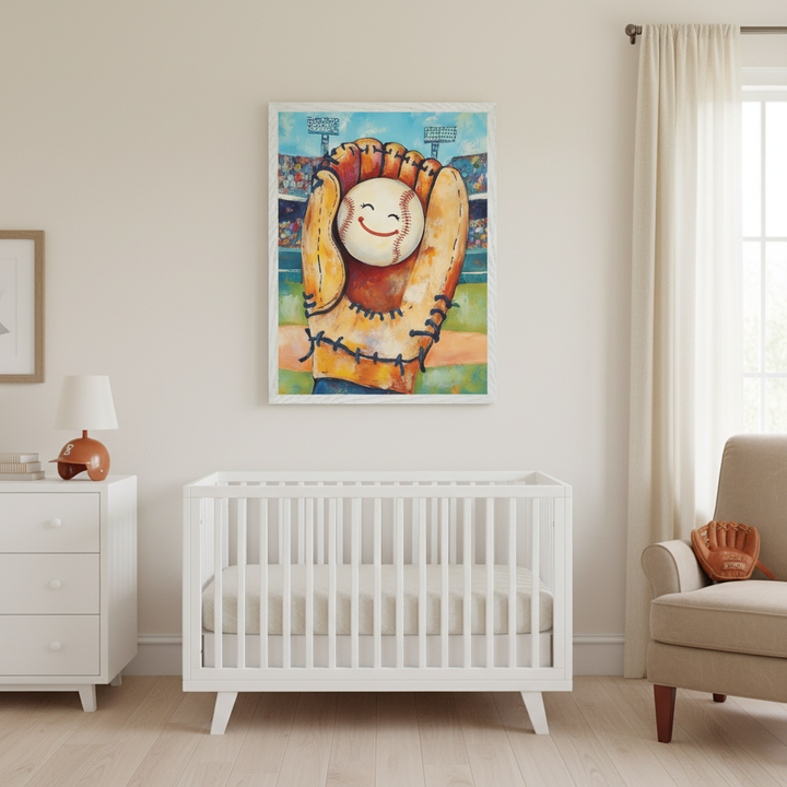 Modern nursery with a white crib and matching dresser. A large framed painting of a baseball glove holding a smiling baseball, with a stadium background, hangs above the crib. A beige armchair is on the right.