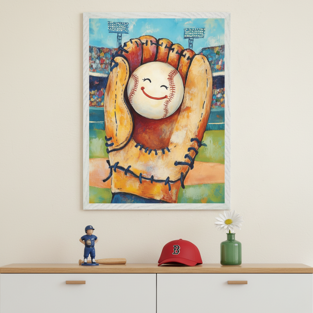 Kid's room with a white dresser and wooden top. A framed vibrant painting of a smiling baseball in a brown mitt at a stadium hangs centered above. A baseball figurine, bat, Red Sox cap, and a daisy in a vase are on the dresser.