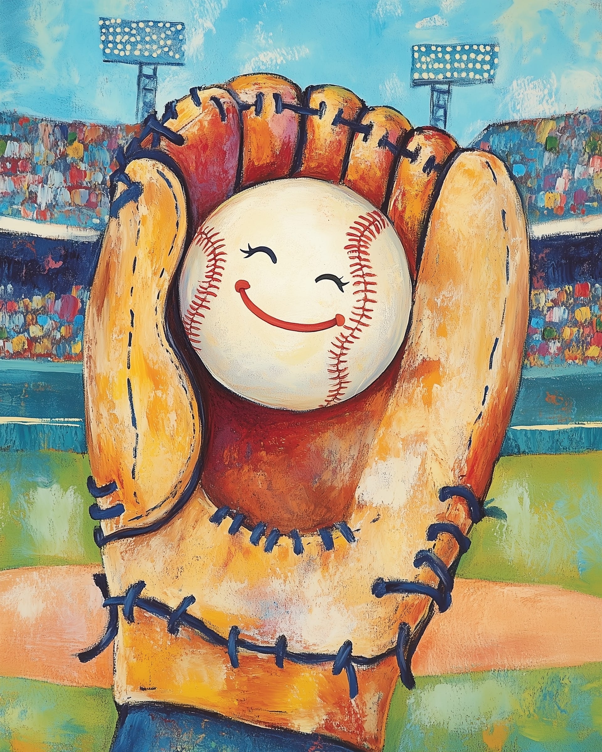 A colorful painting depicts a smiling baseball nestled in a large, worn glove against a vibrant stadium backdrop. The lively scene features bright lights and a cheering crowd, capturing the joyful spirit of a baseball game.