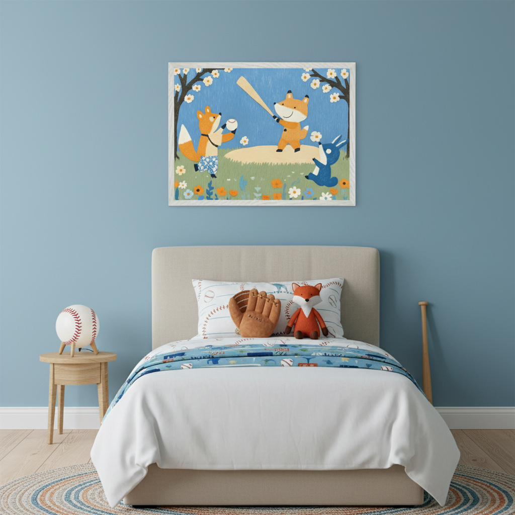 Modern nursery with a white crib, light wood dresser, and cream armchair. A large framed illustration of two foxes playing baseball with a blue rabbit in a field hangs above the crib.