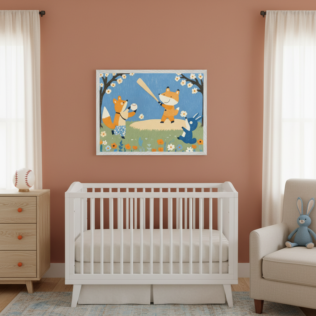 Modern nursery with a white crib and matching dresser. A large framed painting of a baseball glove holding a smiling baseball, with a stadium background, hangs above the crib. A beige armchair is on the right.