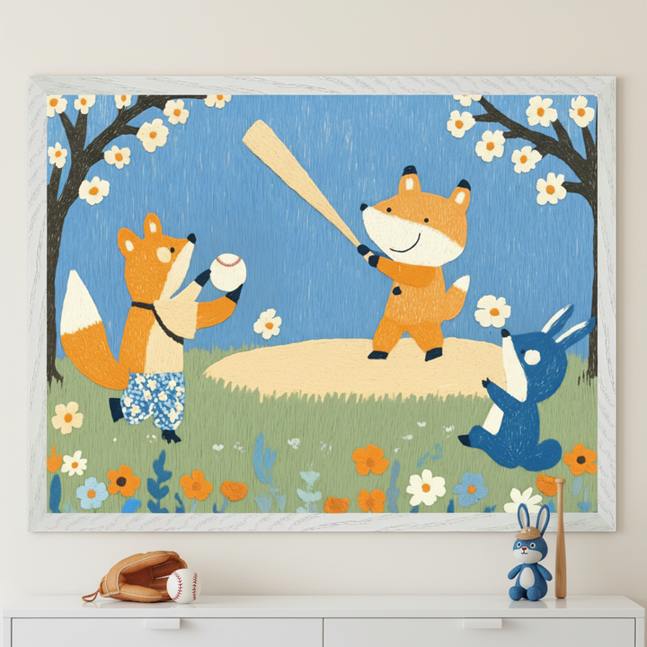 Kid's bedroom with a white dresser. A large framed textured illustration of two orange foxes playing baseball and a blue rabbit watching hangs centered above the dresser. A baseball glove and a bunny plush are on the dresser.