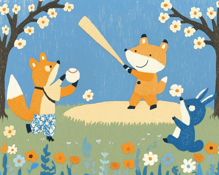 A charming illustration depicts two foxes and a rabbit playing baseball in a field adorned with colorful flowers. One fox, wearing floral shorts, is about to pitch the ball, while the other fox, holding a bat, stands ready to swing. The blue rabbit sits nearby, holding a daisy. Blossoming trees frame the scene against a clear blue sky.