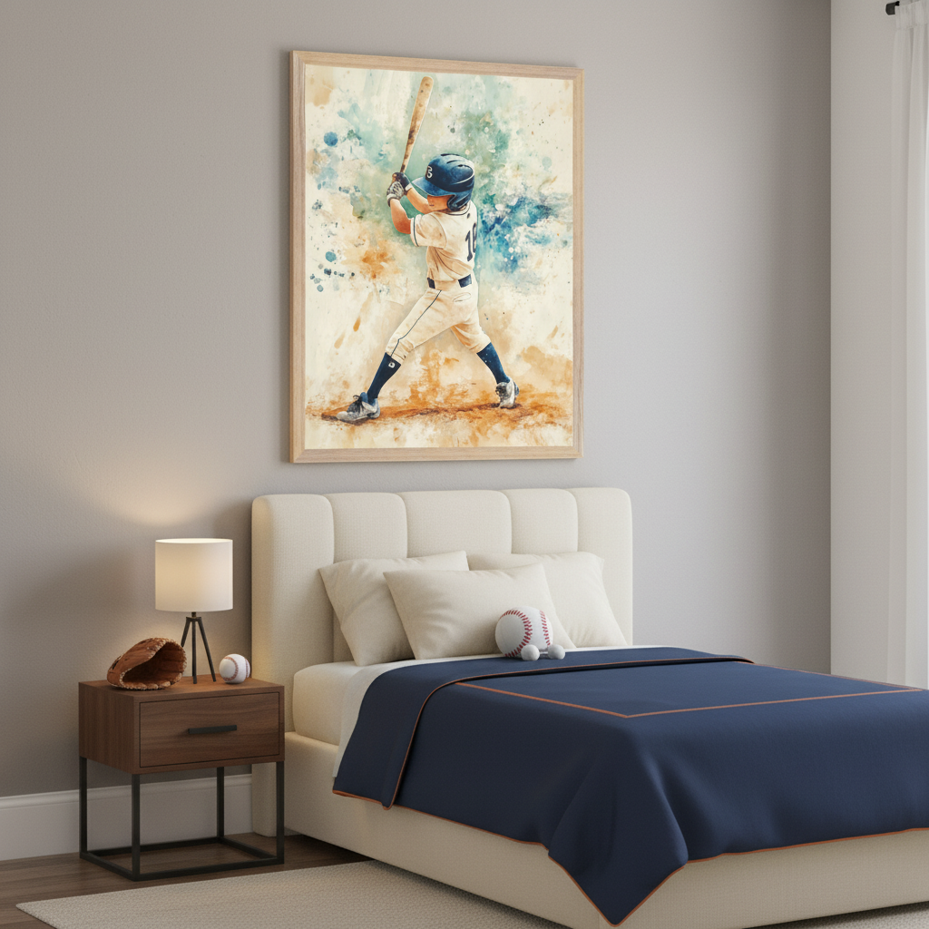 Kid's bedroom with a cream upholstered bed against a gray wall. A large light wood framed watercolor of a young baseball player batting hangs centered above the bed.