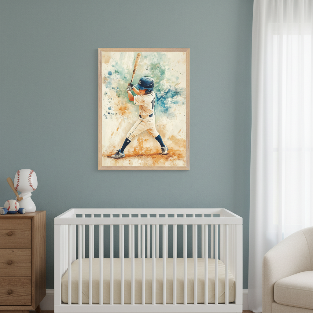 Modern nursery with a white crib, wooden dresser, and armchair. A framed watercolor print of a young baseball player in a batting stance, with blue and orange splatters, hangs above the crib and dresser on a muted blue wall.