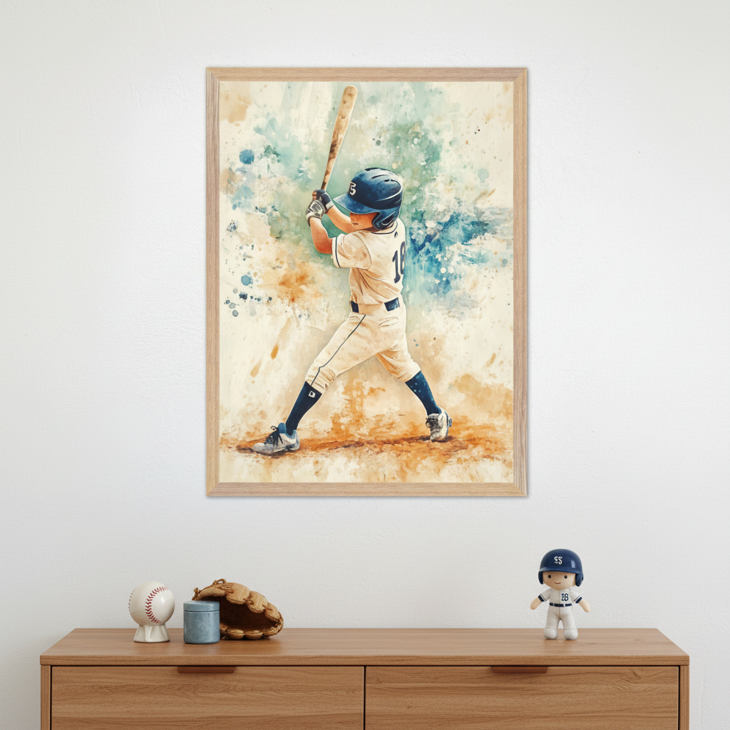 Modern kid's room with a light wood dresser. A large framed watercolor painting of a young baseball player batting hangs centered above the dresser. A baseball, glove, and player figurine are on top.