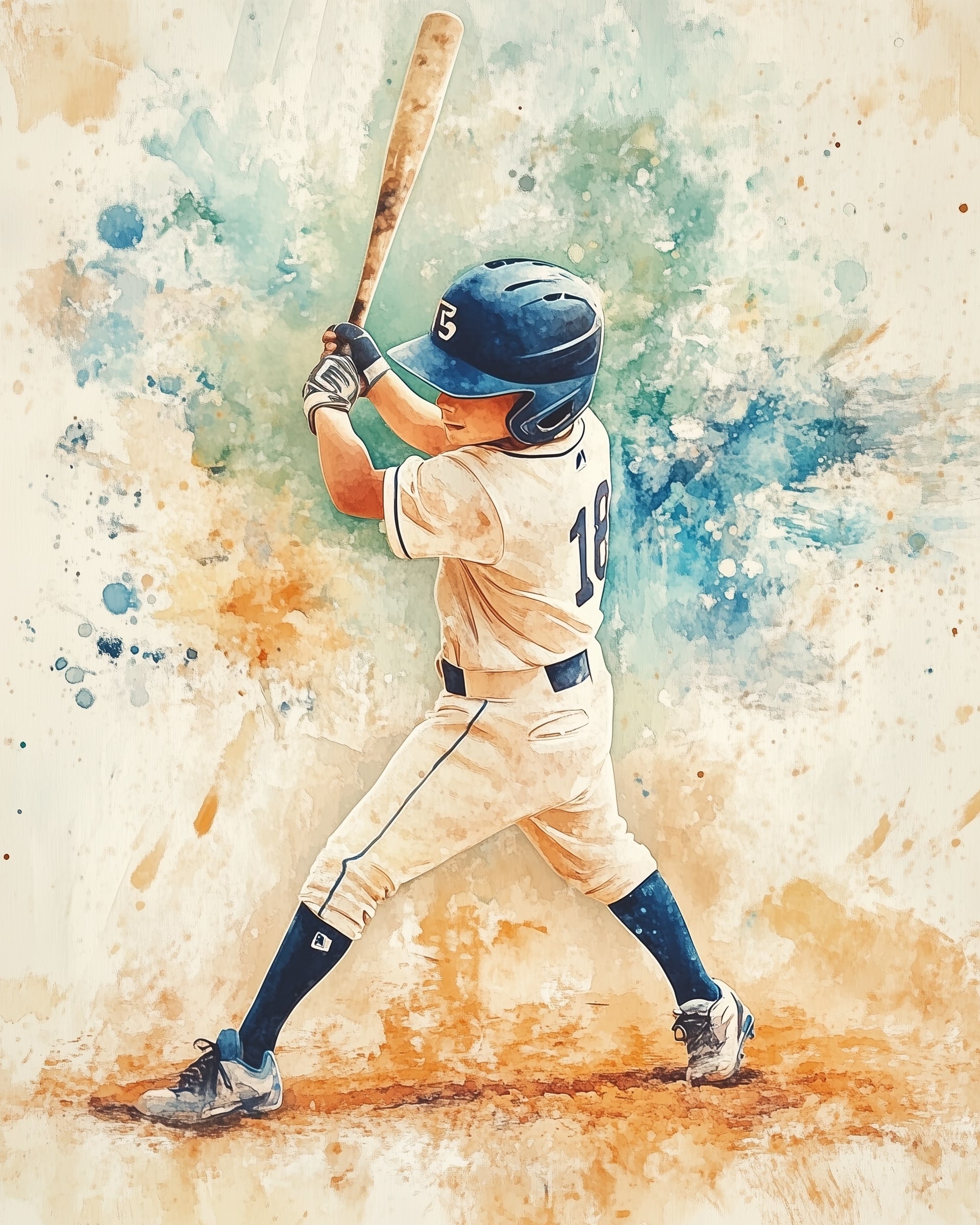 A young baseball player, wearing a blue helmet and white uniform with the number 18, is captured mid-swing with a bat in hand. The background features dynamic splashes of blue, orange, and green, adding an artistic flair to the scene.