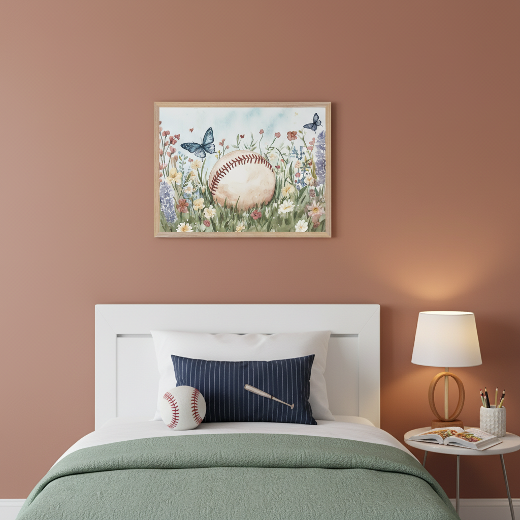 Kid's bedroom with a white bed and green duvet. A framed watercolor painting of a baseball in a field of wildflowers with blue butterflies hangs above the headboard. A nightstand with a lamp is next to the bed.