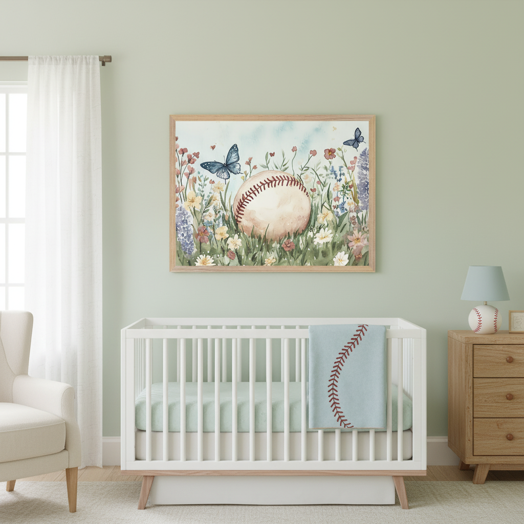 Modern nursery with white crib, dresser, and gray armchair. A large framed textured illustration of a smiling boy in a yellow baseball uniform holding a bat on a baseball field hangs on the blue wall above the crib.