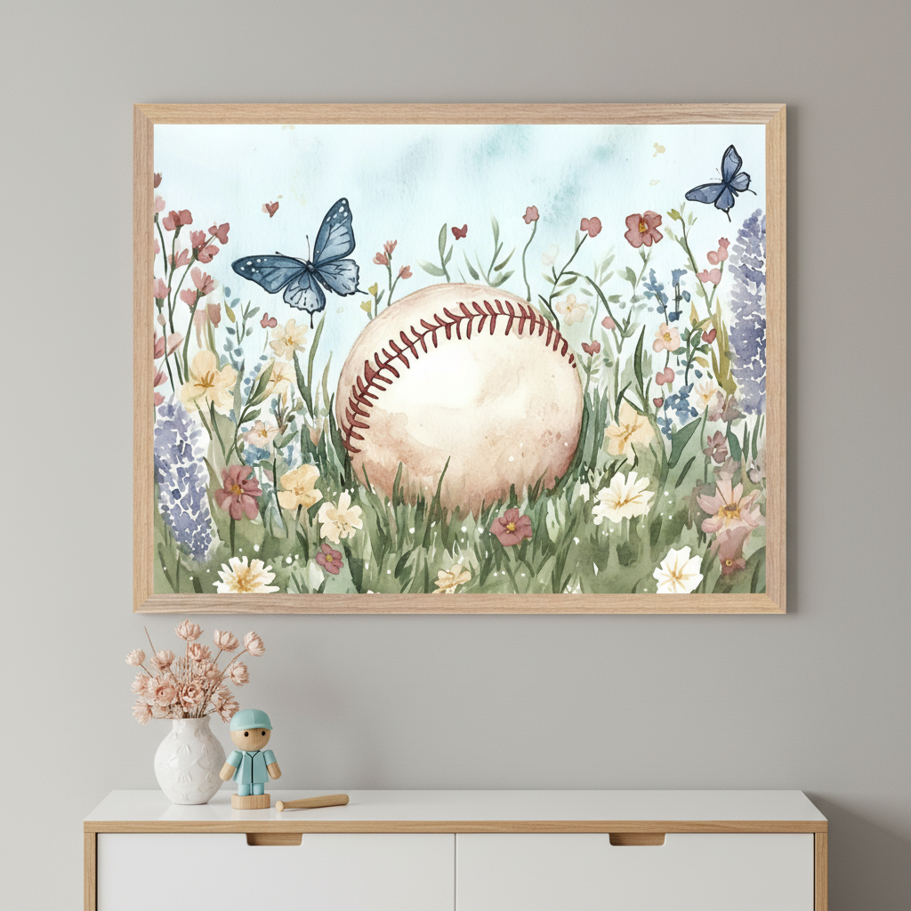 Modern room with a white and wood dresser. A large framed watercolor art of a baseball in wildflowers with blue butterflies hangs centered above the dresser. Vase with dried flowers and a wooden baseball player are on the dresser.