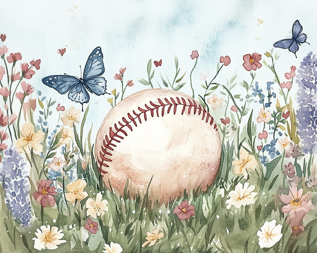 A watercolor illustration features a baseball nestled among colorful wildflowers and grass, with two blue butterflies fluttering nearby, creating a serene and whimsical scene.