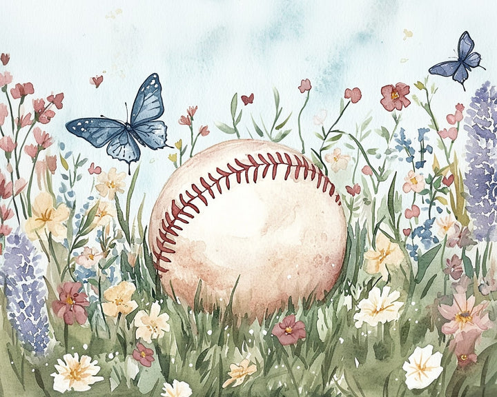 A watercolor illustration features a baseball nestled among colorful wildflowers and grass, with two blue butterflies fluttering nearby, creating a serene and whimsical scene.