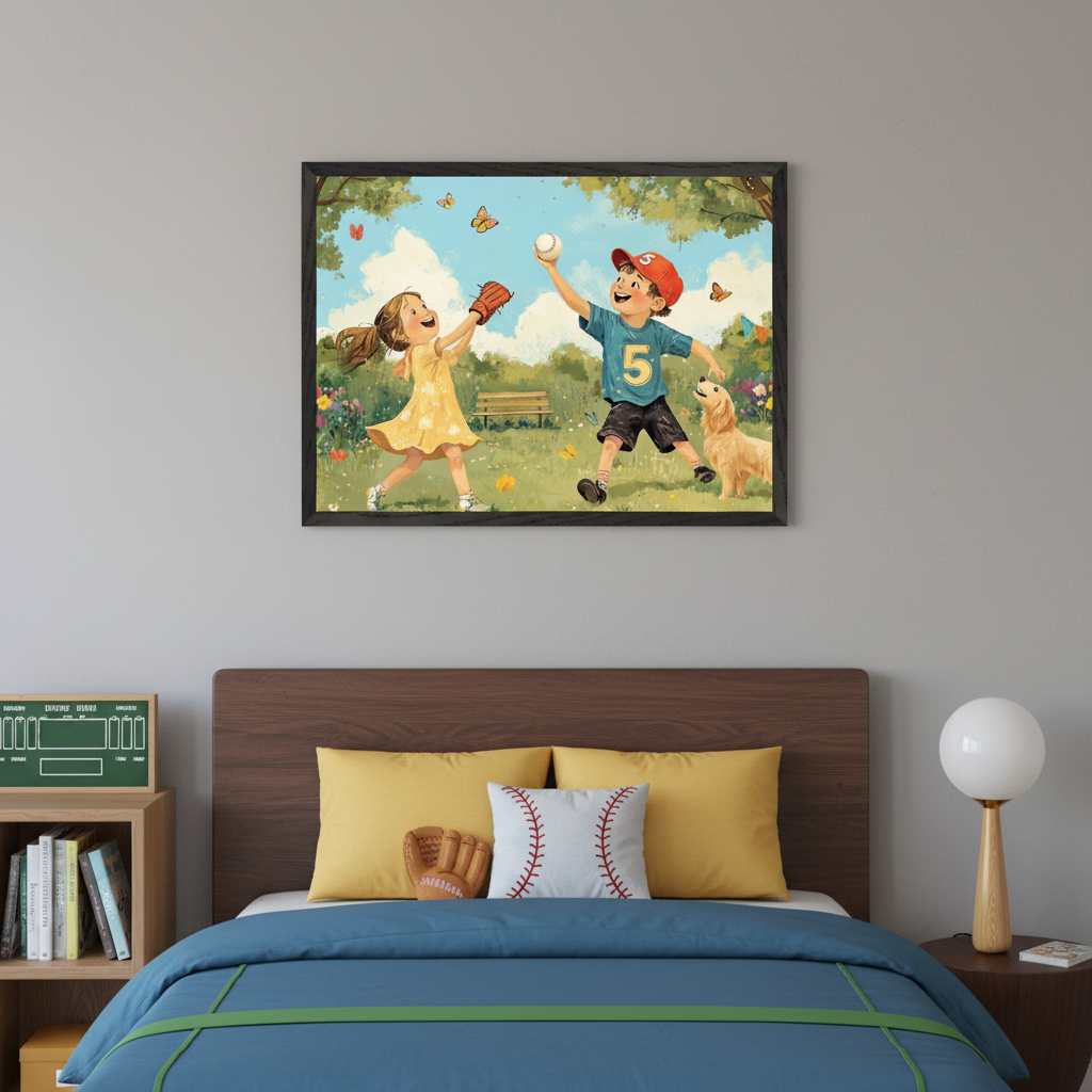 Kid's bedroom with a wooden headboard and bed with blue bedding. A large framed illustration of two children playing baseball with a dog in a sunny park hangs above the bed. Yellow pillows, a baseball glove, and a baseball pillow are on the bed. A wooden bookshelf is to the left.