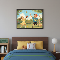 Kid's bedroom with a wooden headboard and bed with blue bedding. A large framed illustration of two children playing baseball with a dog in a sunny park hangs above the bed. Yellow pillows, a baseball glove, and a baseball pillow are on the bed. A wooden bookshelf is to the left.