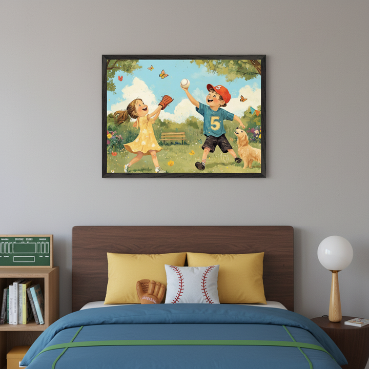 Kid's bedroom with a wooden headboard and bed with blue bedding. A large framed illustration of two children playing baseball with a dog in a sunny park hangs above the bed. Yellow pillows, a baseball glove, and a baseball pillow are on the bed. A wooden bookshelf is to the left.