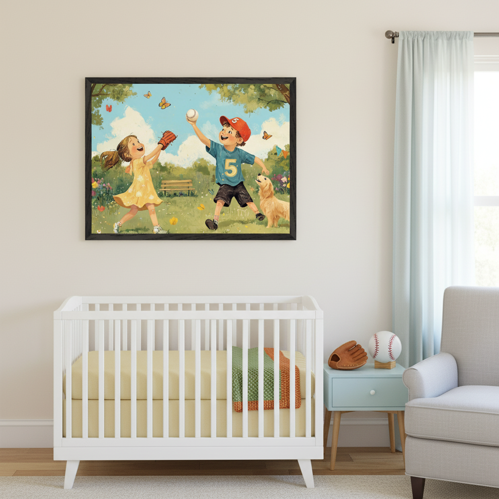 Modern nursery with a white crib, light blue nightstand, and gray armchair. A large black-framed illustration of two children and a dog playing baseball in a park hangs above the crib.