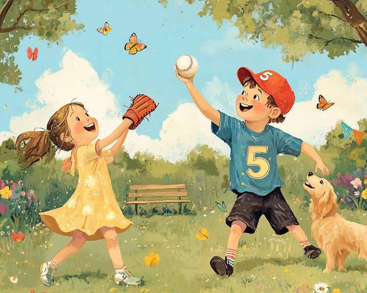 A joyful scene of a young girl in a yellow dress catching a baseball with a glove, while a boy wearing a red cap and blue shirt with the number 5 throws the ball. They are in a lush park with colorful butterflies fluttering around and a happy dog watching them. A wooden bench and vibrant flowers add charm to the sunny day.