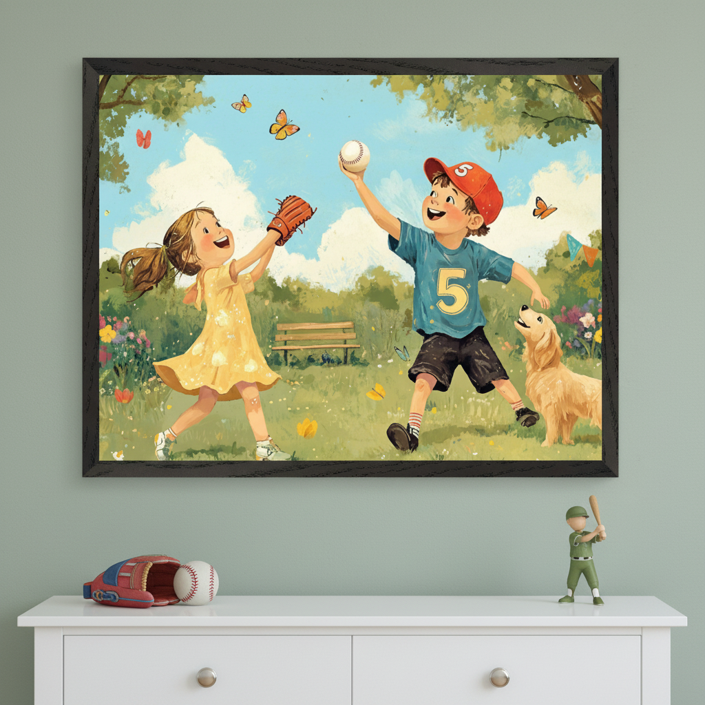 Playful Baseball Kids Wall Art for Nursery, Playroom or Kids Bedrooms - Outdoor Fun with Butterflies and Dog - Summer Catch