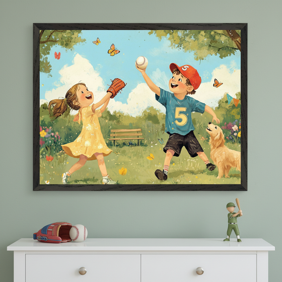 Kid's room with light green wall. Framed illustration of two kids and a dog playing baseball in a park hangs centered above a white dresser. A baseball glove, ball, and player figurine are on the dresser.