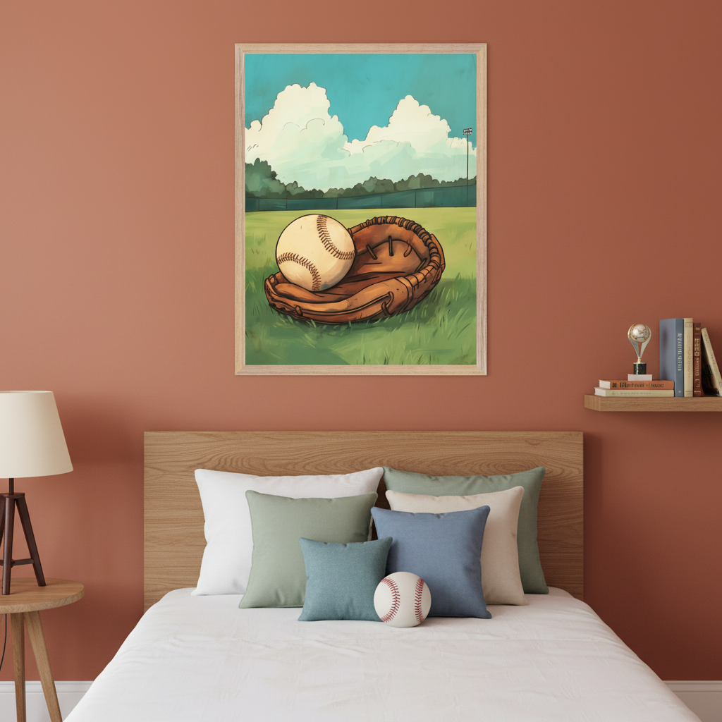 Modern bedroom with a bed and wooden headboard. A framed illustration of a baseball glove and ball on a green field under a cloudy sky hangs above the bed. A side table with a lamp is on the left, and a shelf with books and a trophy is on the right.