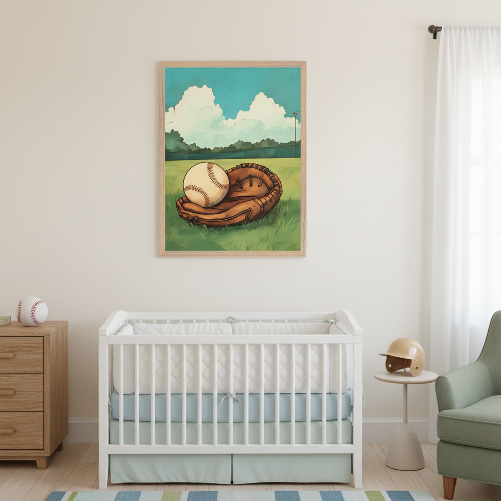 Modern nursery with a white crib, wooden dresser, and green armchair. A framed illustration of a baseball glove and ball on grass under a blue sky hangs centered above the crib.