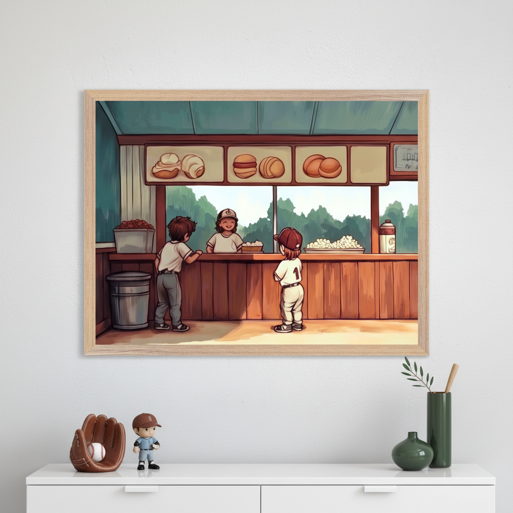 Modern room with a white console table. A framed cartoon illustration of three children at a concession stand hangs centered above it. On the table are a baseball glove with a ball, a baseball player figurine, and green vases.