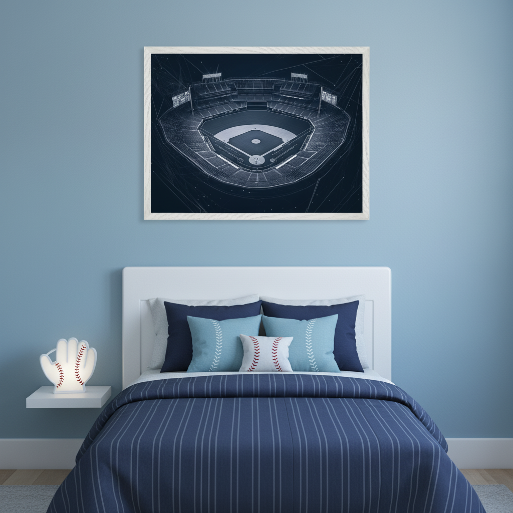 Kid's bedroom featuring a bed with a white headboard, blue pillows, and a striped duvet against light blue walls. Framed wall art depicting a baseball stadium in blueprint style hangs centered above the bed. A baseball glove lamp rests on a white shelf.